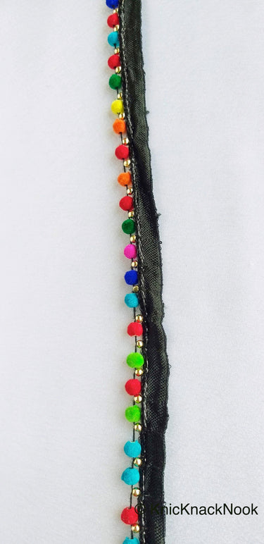 Multicoloured Velvet Beads With Black Cotton Trim, Fringe Trim, Approx. 16 mm wide - 210119L367